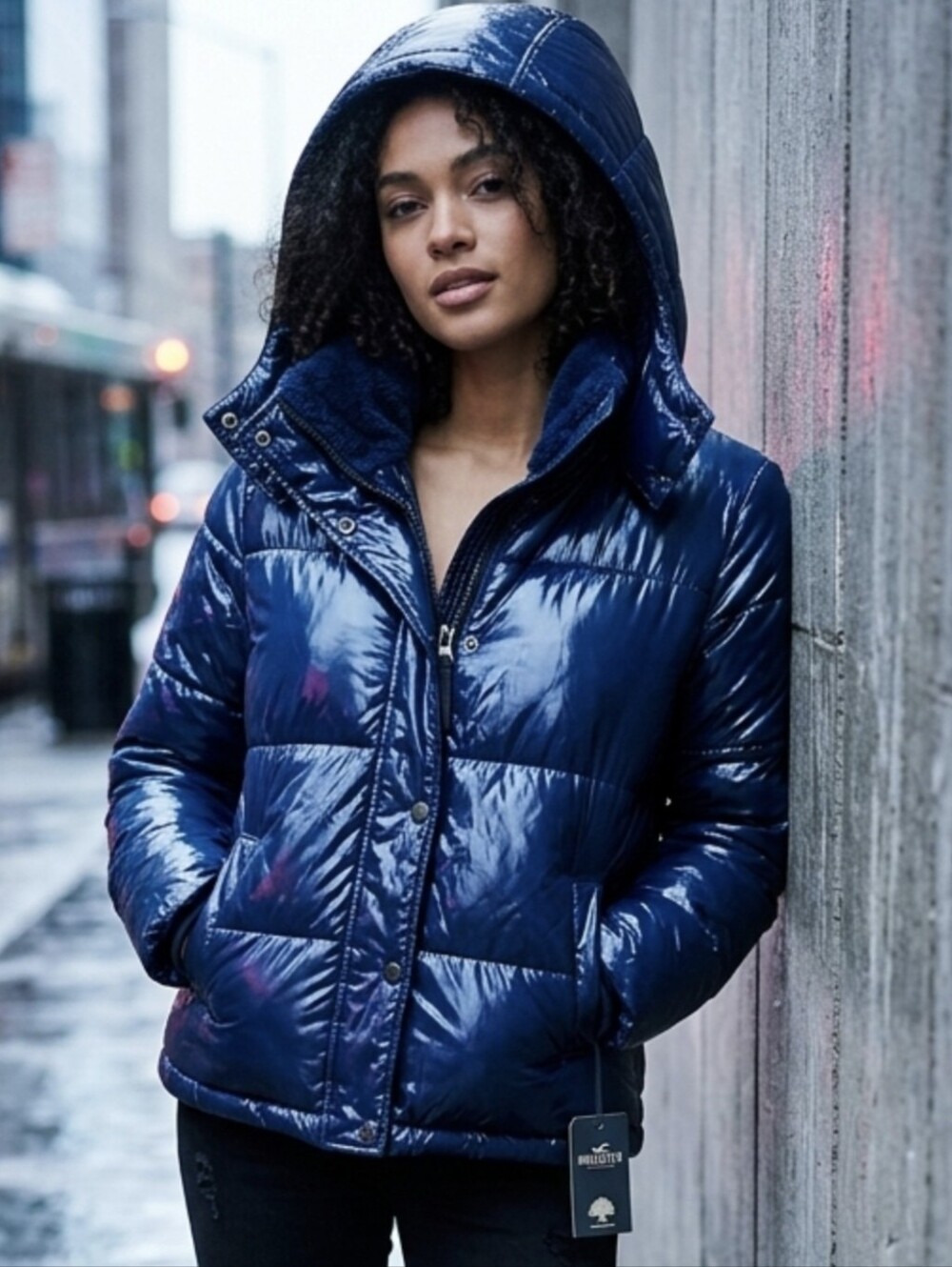 Hollister Wet Look Shiny Puffer Collectiom Hooded Puffer Jacket EUC Medium MItem